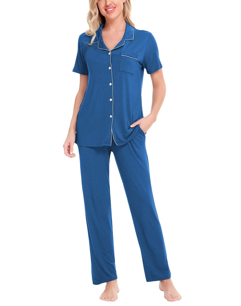 SWOMOG Women Pajama Sets Two-Piece Nightwear Short Sleeve Sleepwear Button Down Pj Lounge Sets with Long Pants Royal Blue - Image 1